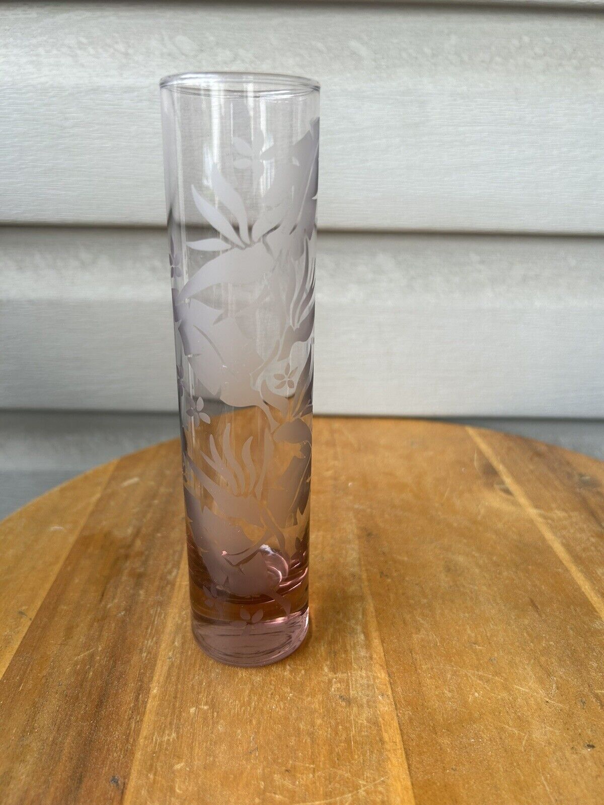 Vintage Pink Etched Tropical Flowers Hawaii Art Glass Bud Vase 7.5”