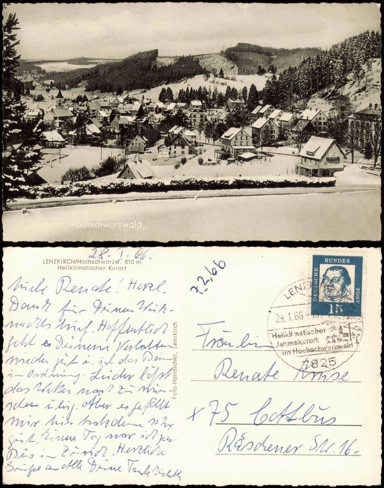 Postcard Lenzkirch city in winter 1966