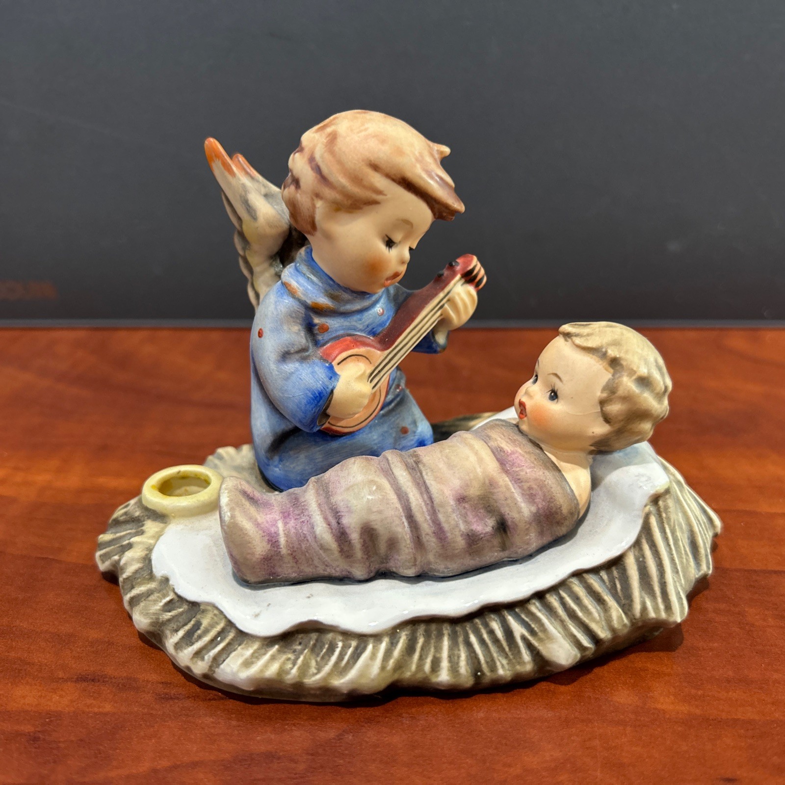Hummel Goebel Figurine Candleholder Lullaby Angel Baby Jesus Guitar Signed Vtg