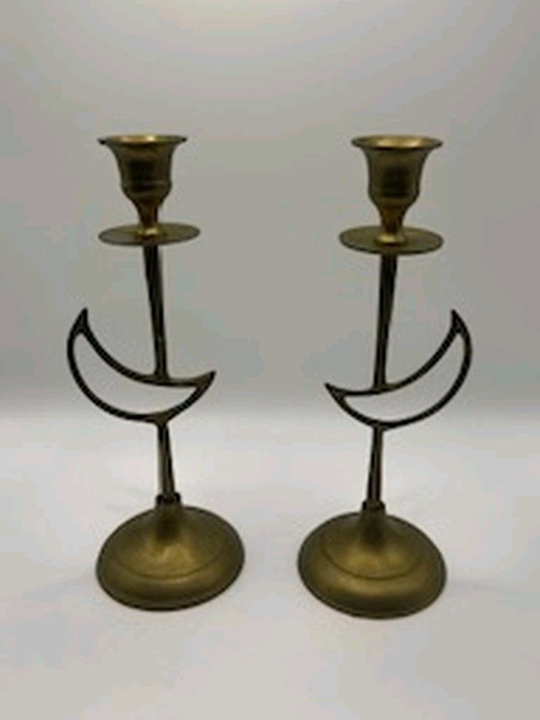 Vintage Brass Crescent Moon Candlestick Holders Pair India Celestial 8in