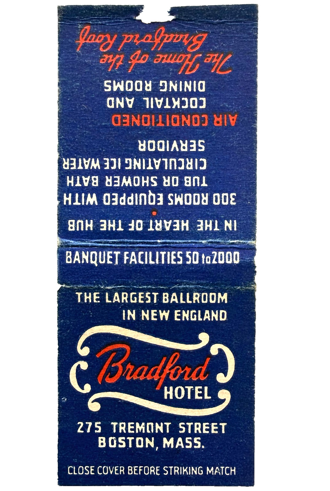 1940s Bradford Hotel Boston Massachusetts Matchbook Cover Travel Ballroom Ad