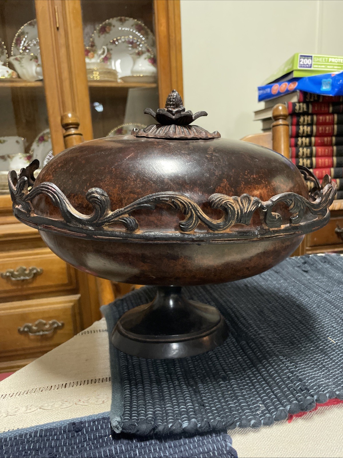 Large Vintage Bronze Pedestal Bowl 13” Scrolled Centerpiece - Made In India