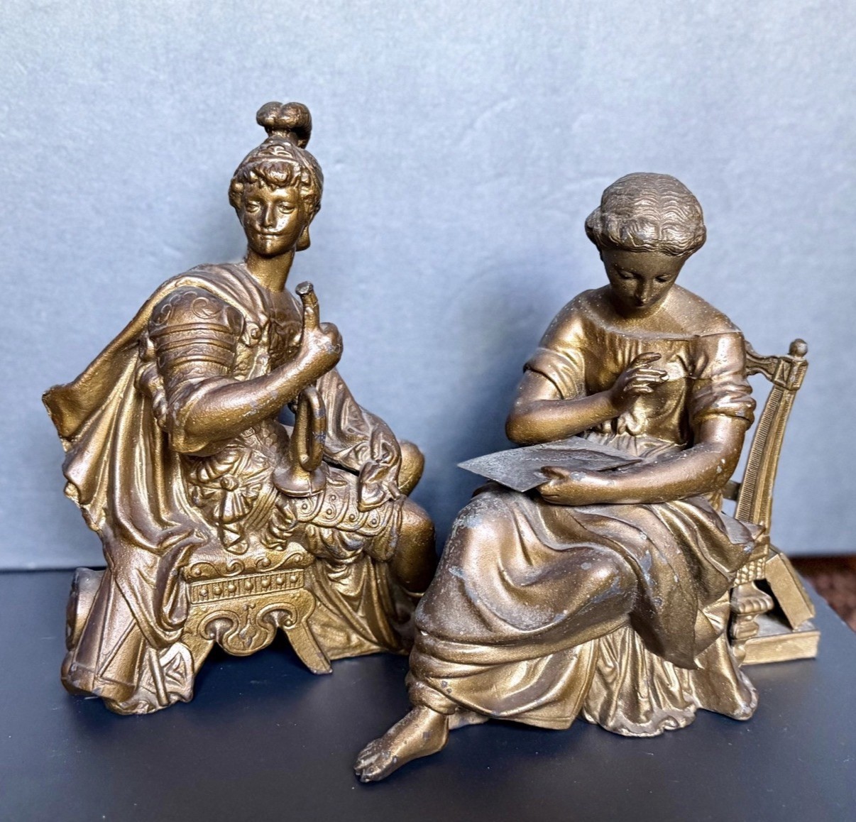 1880s Ansonia Clock Toppers Spelter Gold Tone Metal Writer & Soldier 8” Bookends