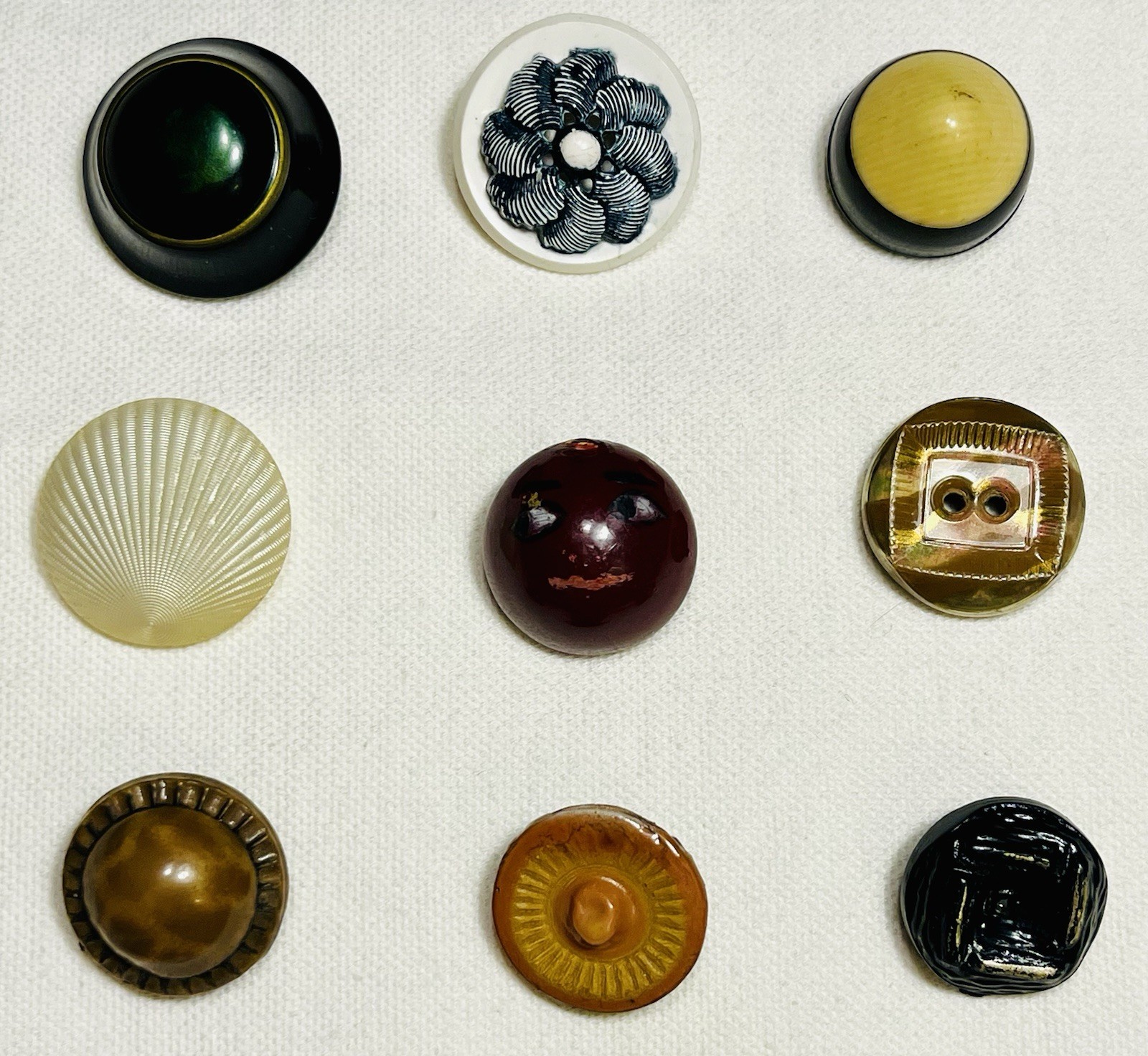 Lot 9 Vintage/Antique Buttons Unusual Face Domed Cone Glass Shell Early Plastics