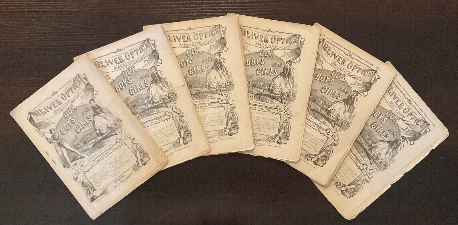 6 Oliver Optics Magazines - Our Boys and Girls Every Week - 1867 (1), 1870 (5)