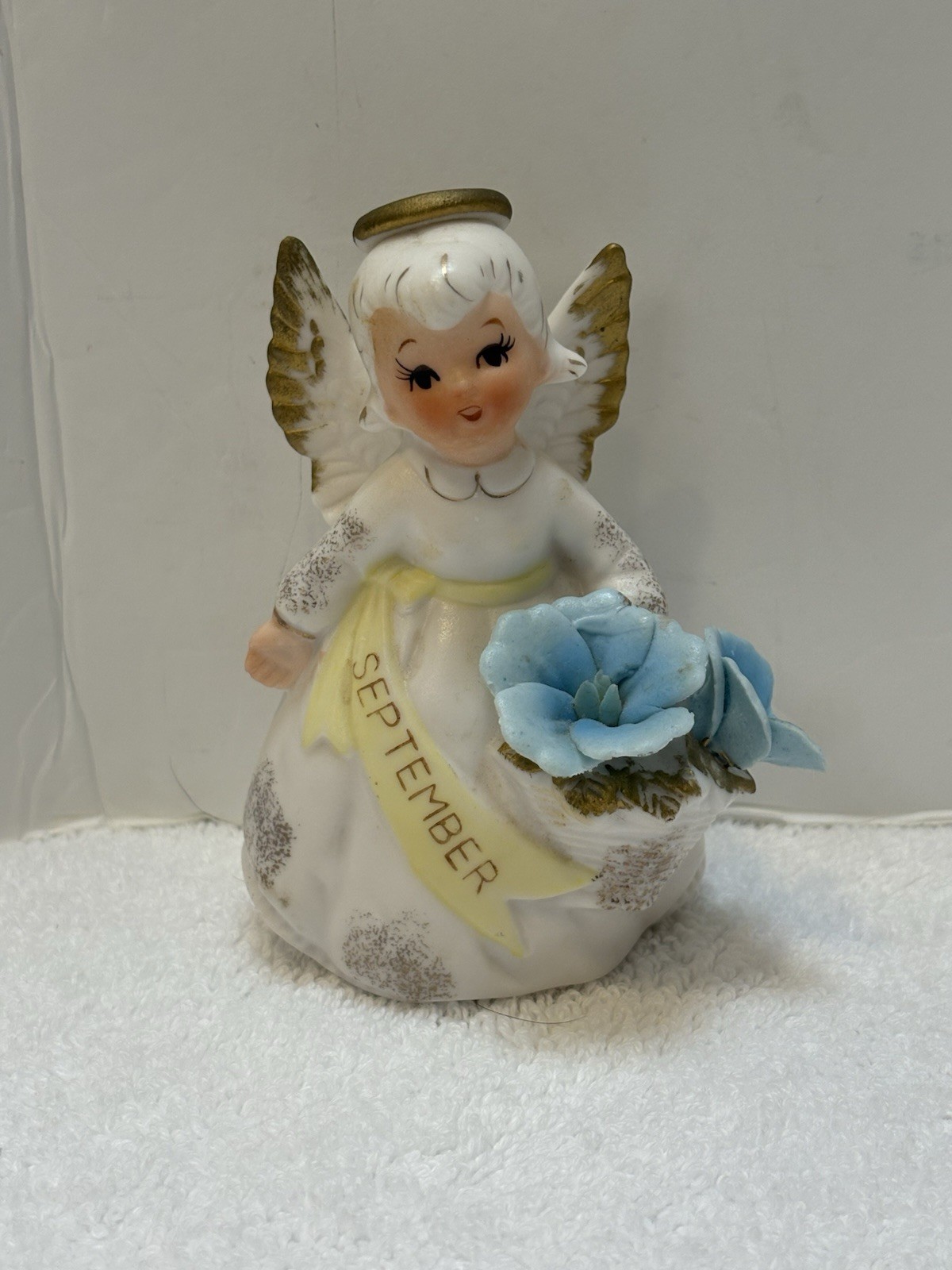 VTG Lefton September Birthday Angel Figurine #3332 Spaghetti Trim Blue Flowers