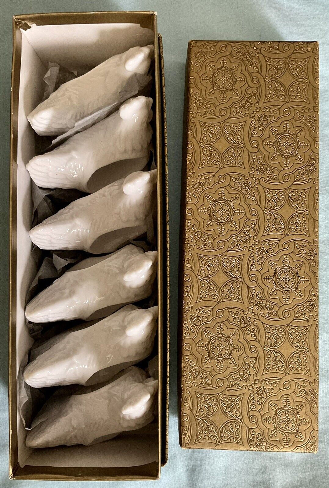 Vtg Napkin Ring Holders Set 6 Chickens Hens Birds Ceramic Original Gift Box