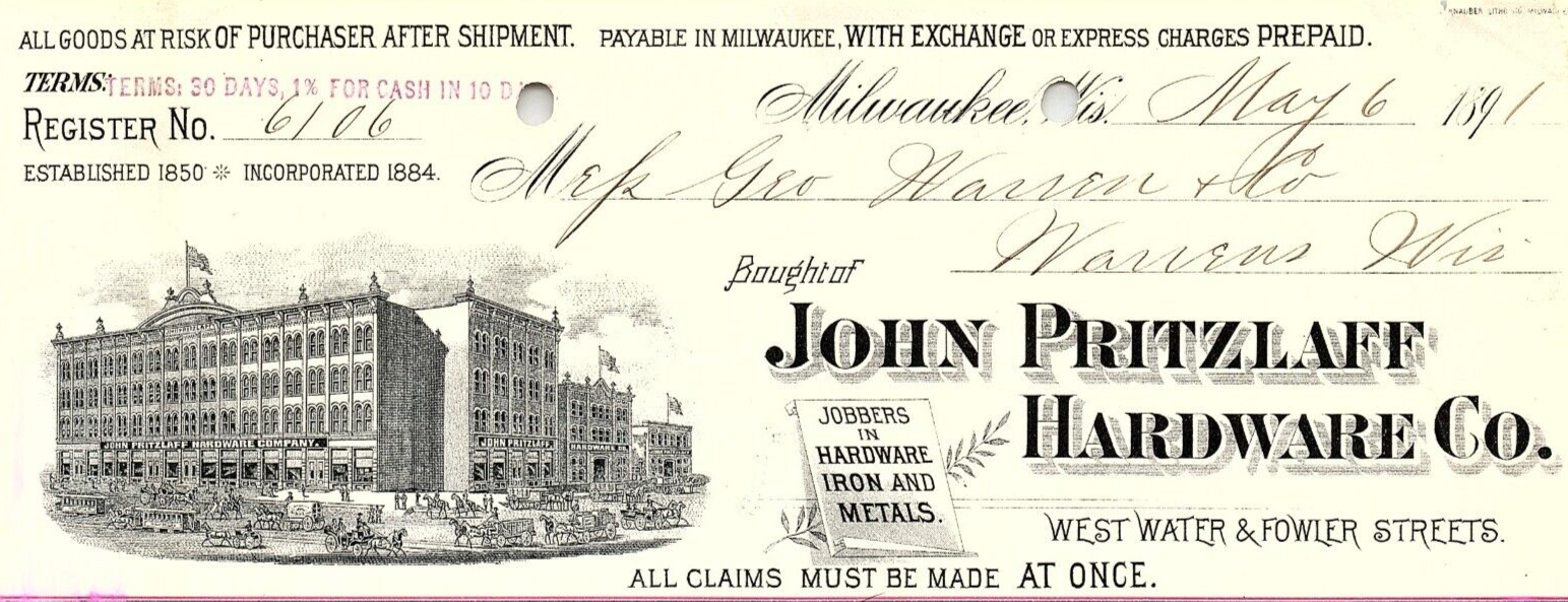 1891 MILWAUKEE WISCONSIN JOHN PRITZLAFF HARDWARE CO IRON BILLHEAD RECEIPT Z5493