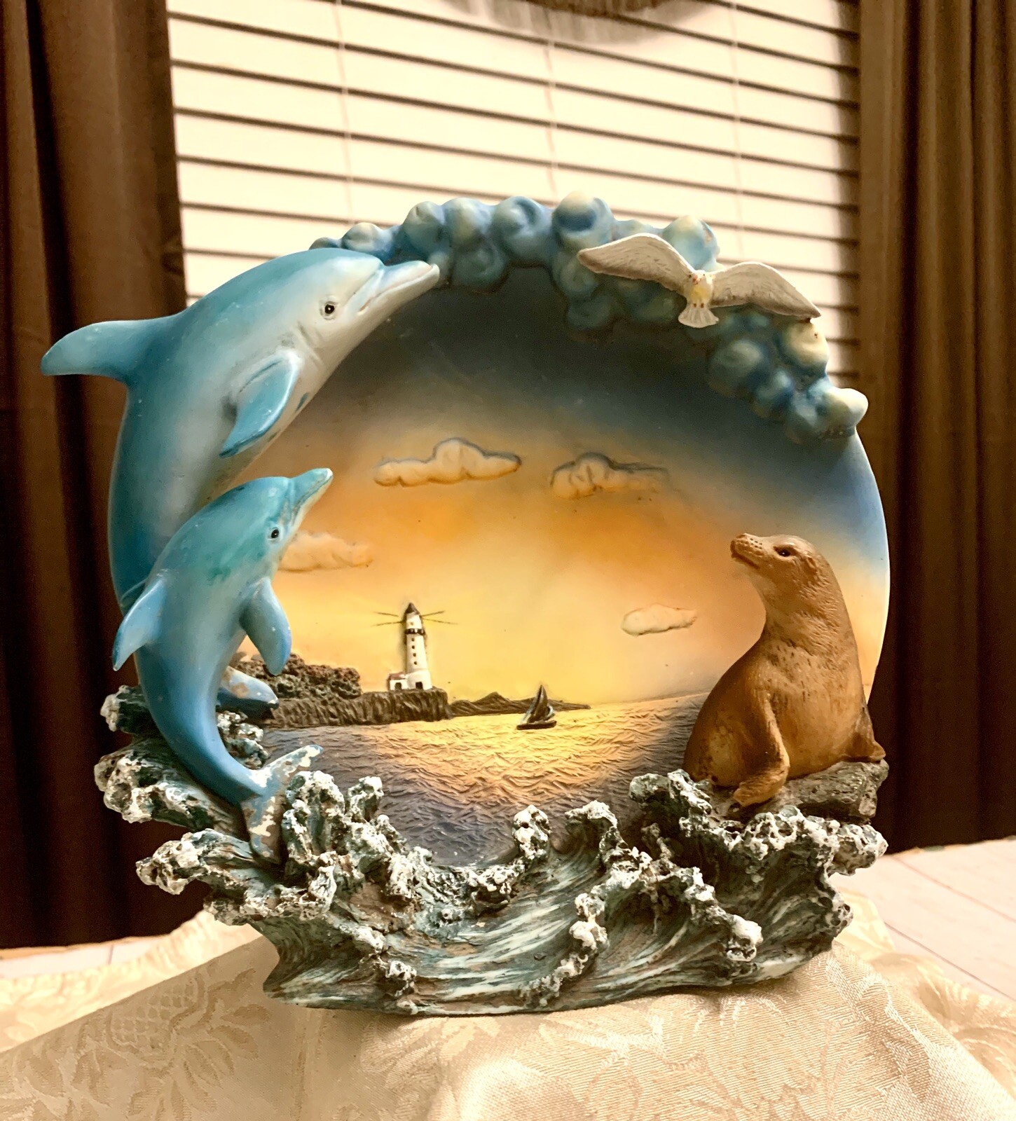 Beautiful Vintage 3D Dolphin Seal Sea Gulls Plate Sea Life At Sunset