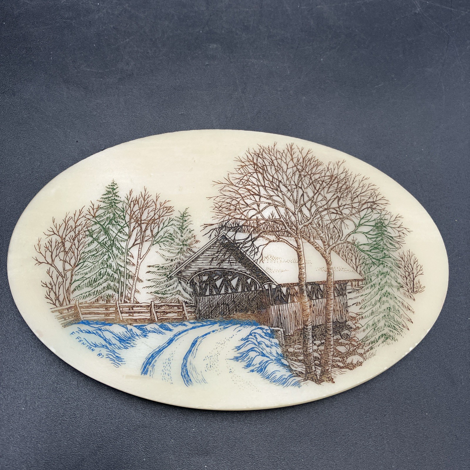 Vintage 1980s Etched Covered Bridge Scene  Plaque Handcrafted Art 