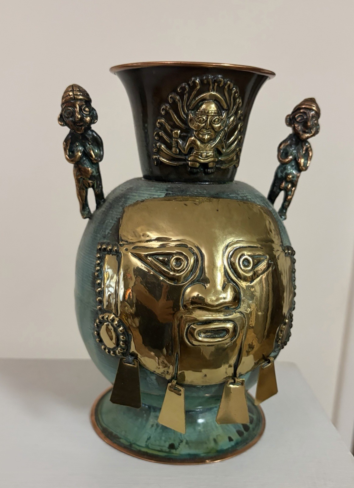 Inca Vase Mayan Olmec Handmade Brass Peru Viracocha Inti Warrior Iconography