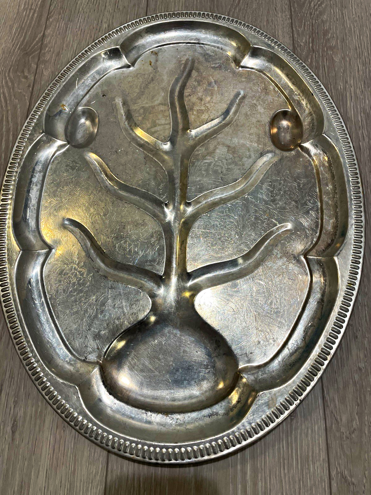 Vintage Silverplate Divided Serving Tray Tree Design Floral Engraved Oval Vintage Silverplate Divided Serving Tray Tree Design Floral Engraved Oval
