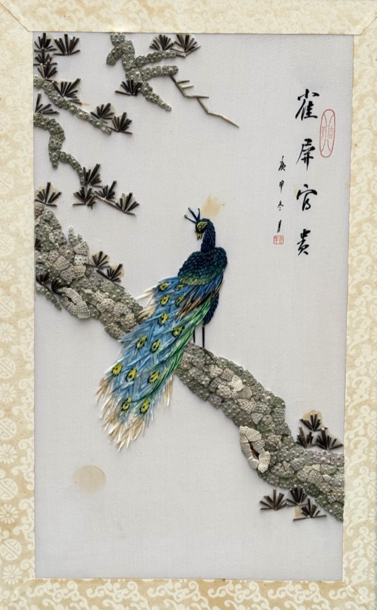 ASIAN CHINESE ART PEACOCK MOSAIC LONG TAIL BIRD COLLAGE STONES SEASHELLS SHELLS
