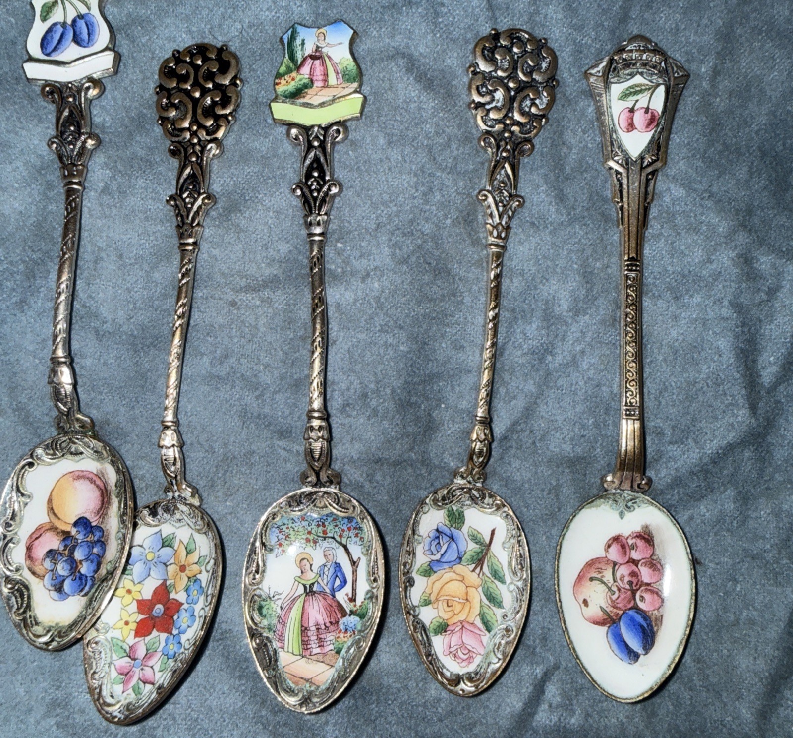 Vintage Spoons (Lot Of 5) Czech Rep. Floral-Fruit Enamel Design Filigree Handles