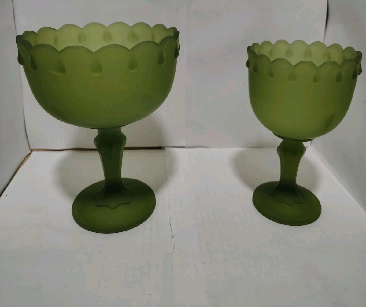 (2) Vintage Indiana Green Frosted Glass Bowl Pedestal Compote Teardrop Center