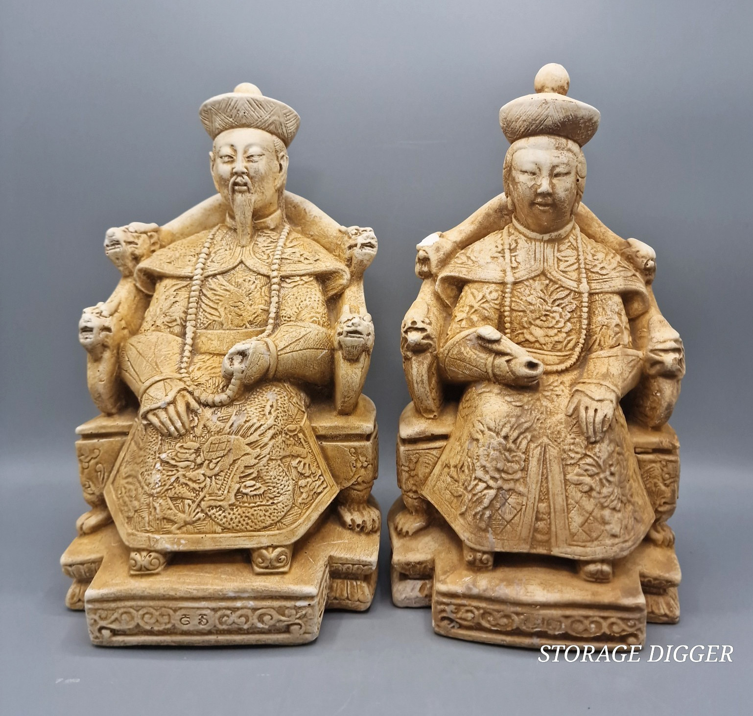 VTG Pair of Chinese Emperor & Empress Sculptures Fiberstone Statues 10.5