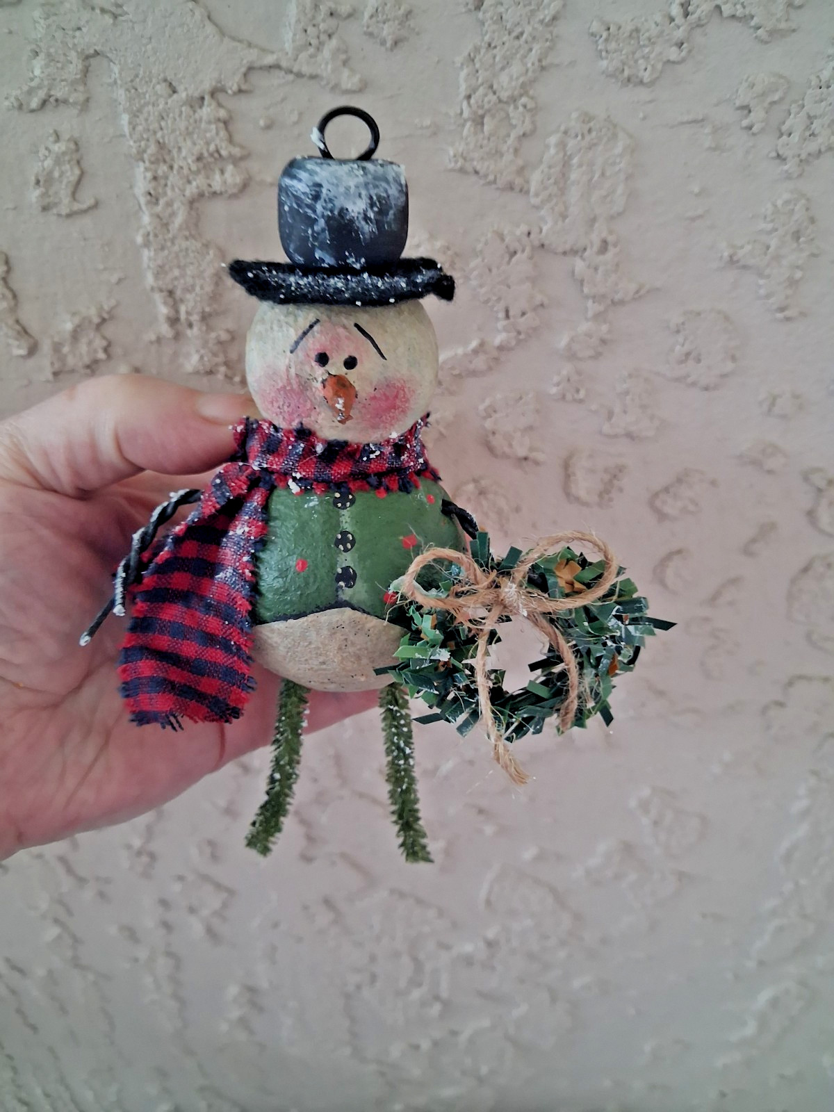 Handmade Primitive Spun Cotton Snowman Christmas  Ornament OOAK  Folk Art