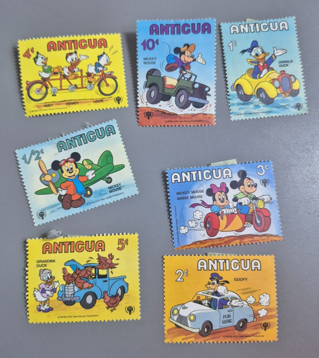 Vintage Lot of 7 Antigua Disney Mickey & Friends Stamps 1979 Hinged Unused