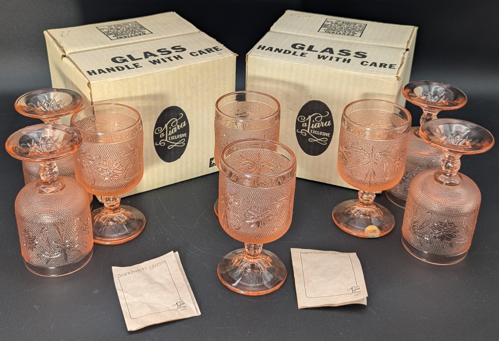 (8) TIARA SANDWICH PEACH PINK TABLE WINE GLASSES 8.5oz, 5-5/8\
