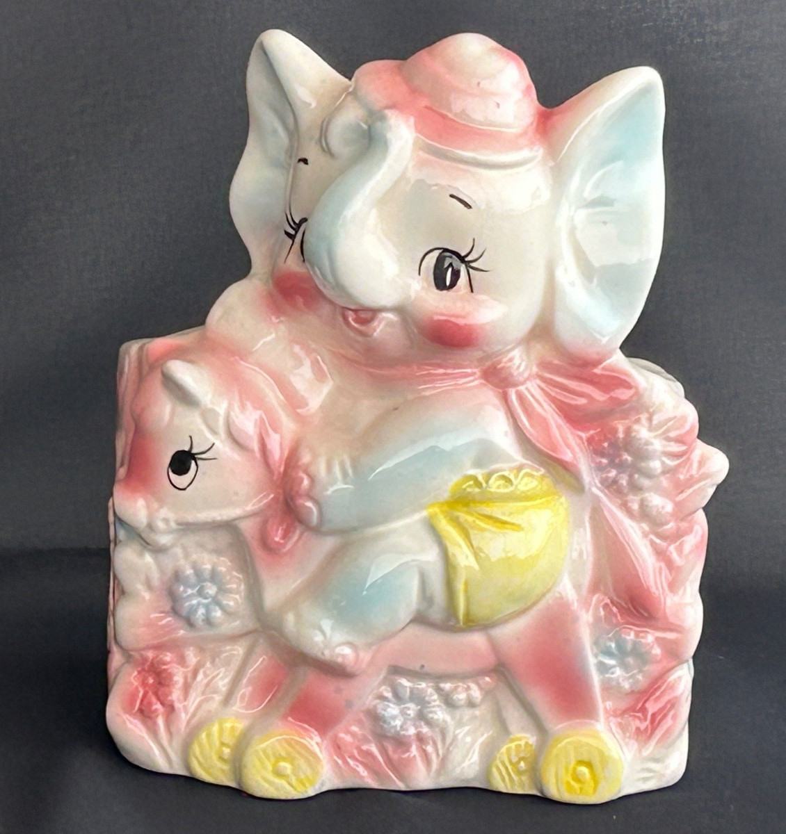 Adorable Mid Century 3D Ceramic Baby Elephant on Rocking Horse Planter EXC