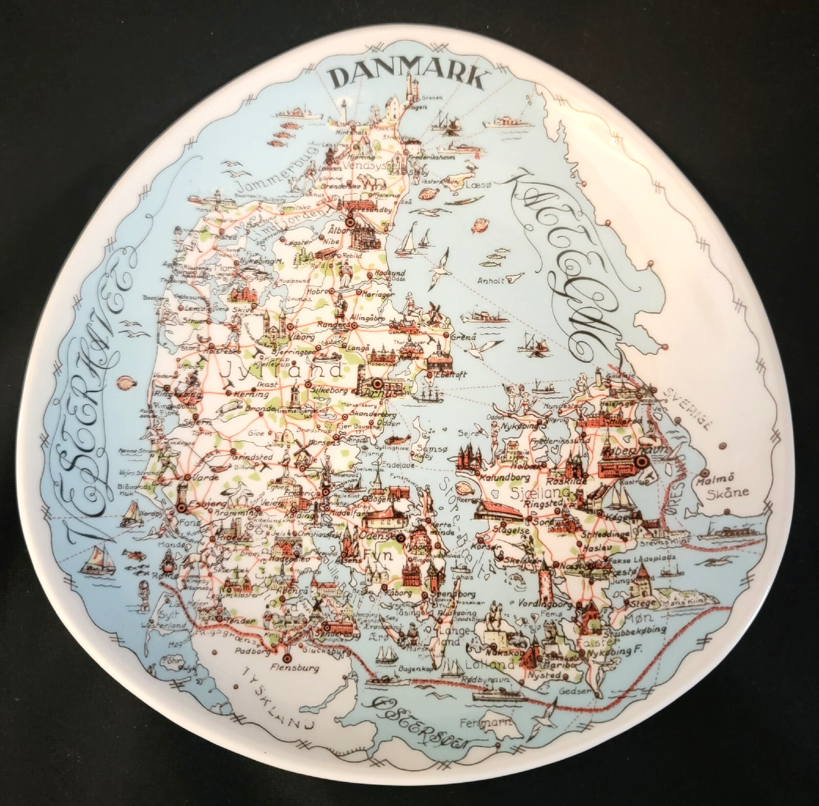 Denmark Stavangerflint Silk Screen Map Feyling Wall Plate Danmark Detailed Vtg