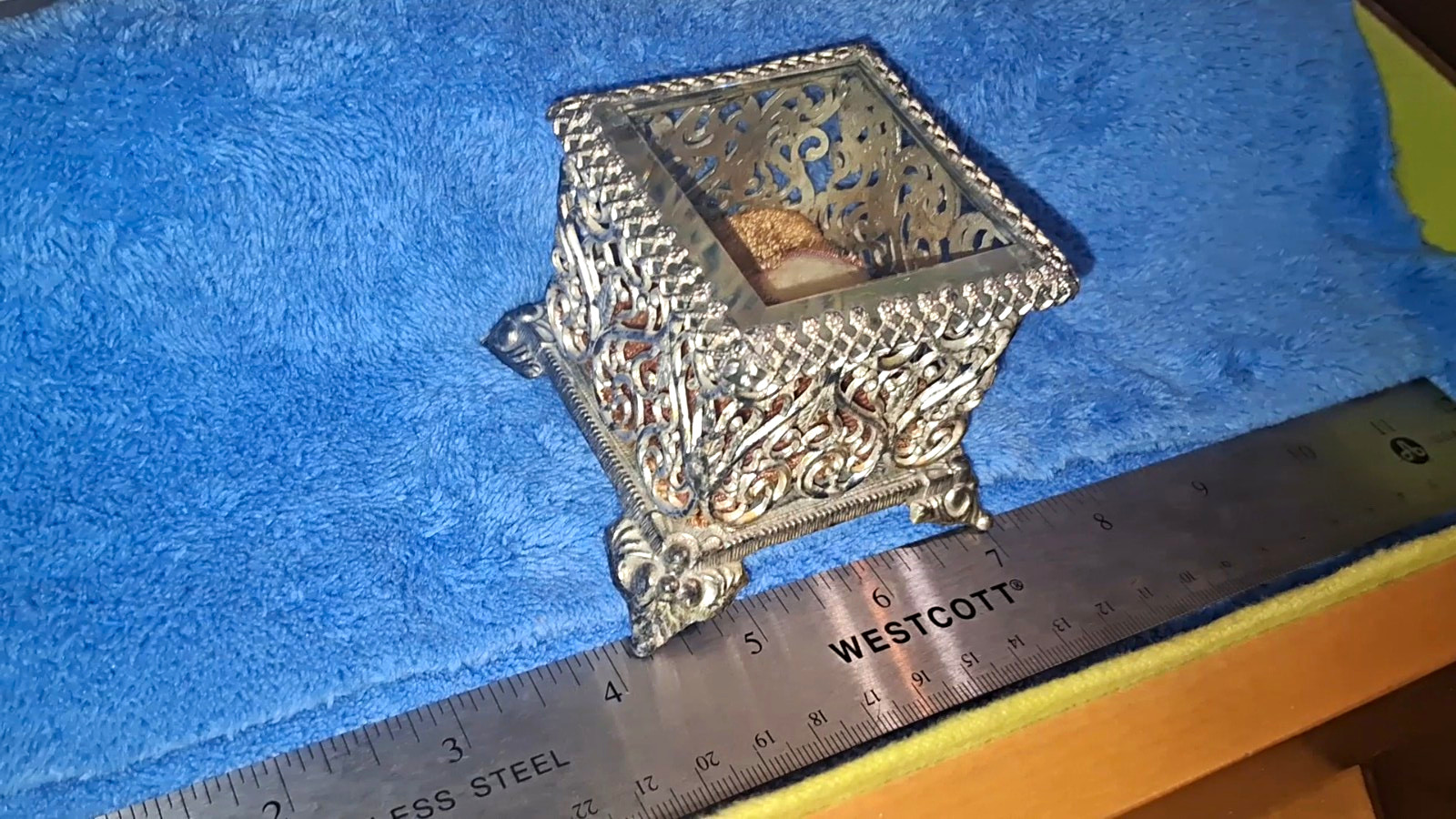 Vtg Antique French Style Filigree Beveled Glass Jewelry Casket Ring Trinket Box