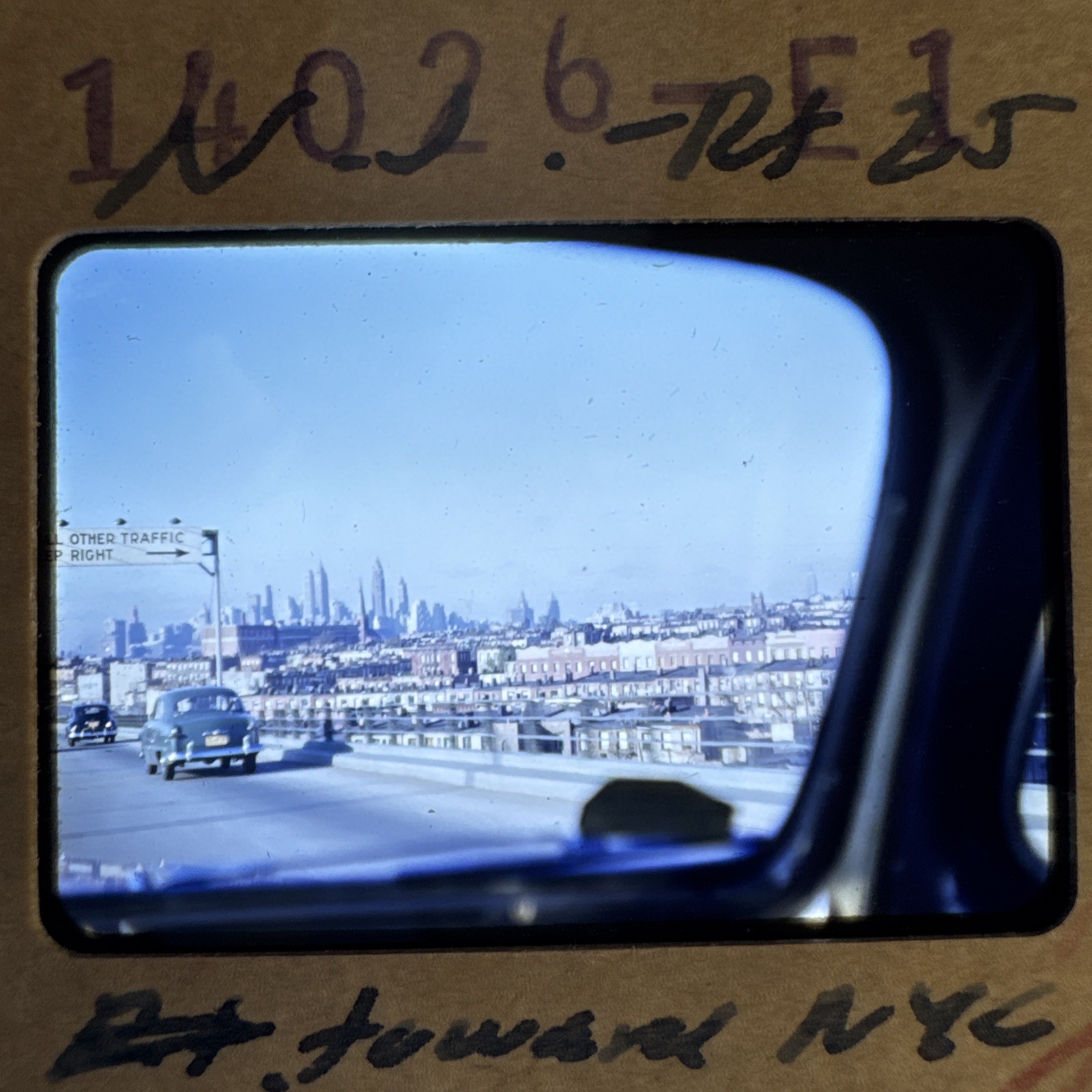 Vintage Red Border Kodachrome 35mm Slide NYC Skyline From Car Window 1950s
