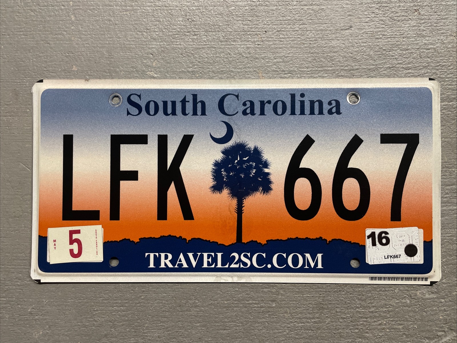VINTAGE SOUTH CAROLINA LICENSE PLATE SUNRISE/ PALMETTO RANDOM LETTERS/NUMBERS