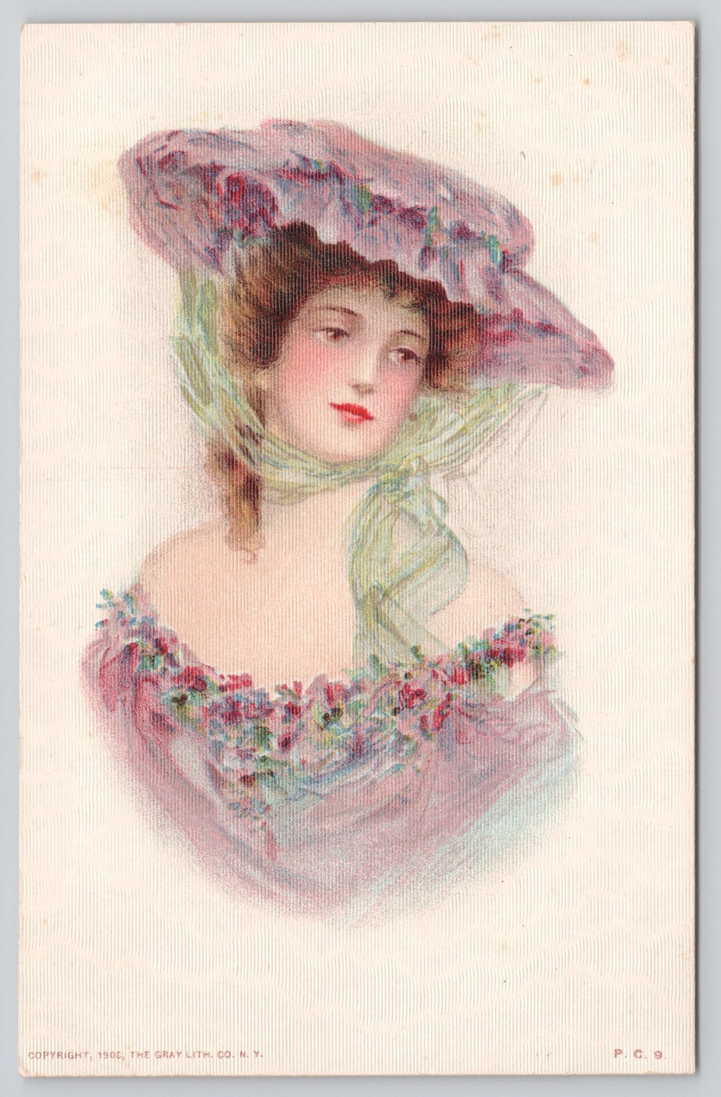 Edwardian Glamour Lady Big Plumed Hat Postcard c1906 Gray Litho