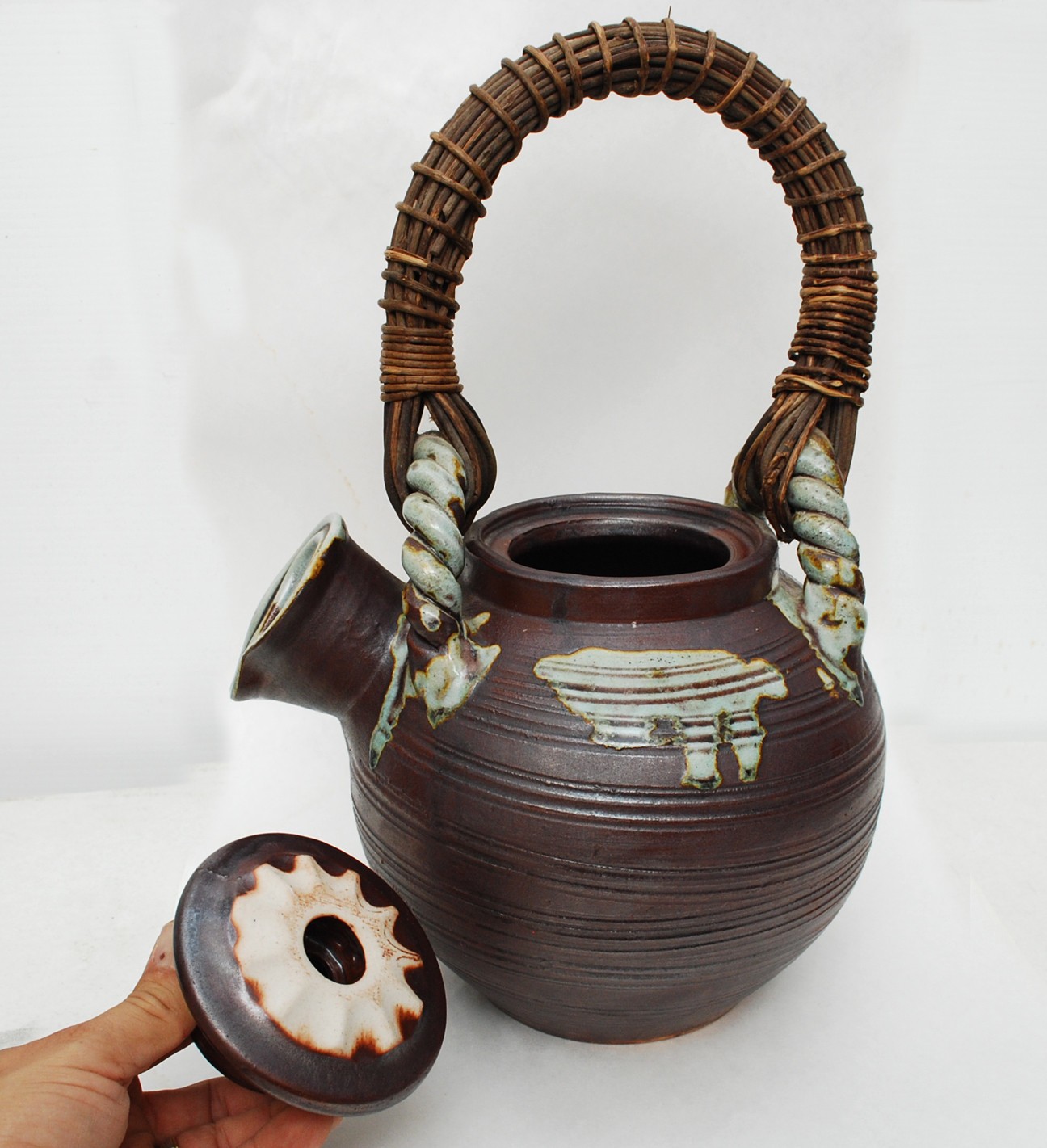 Vintage Large Shigaraki Pottery Japanese Teapot w Wicker Handle Oversize Brown Vintage Large Shigaraki Pottery Japanese Teapot w Wicker Handle Oversize Brown