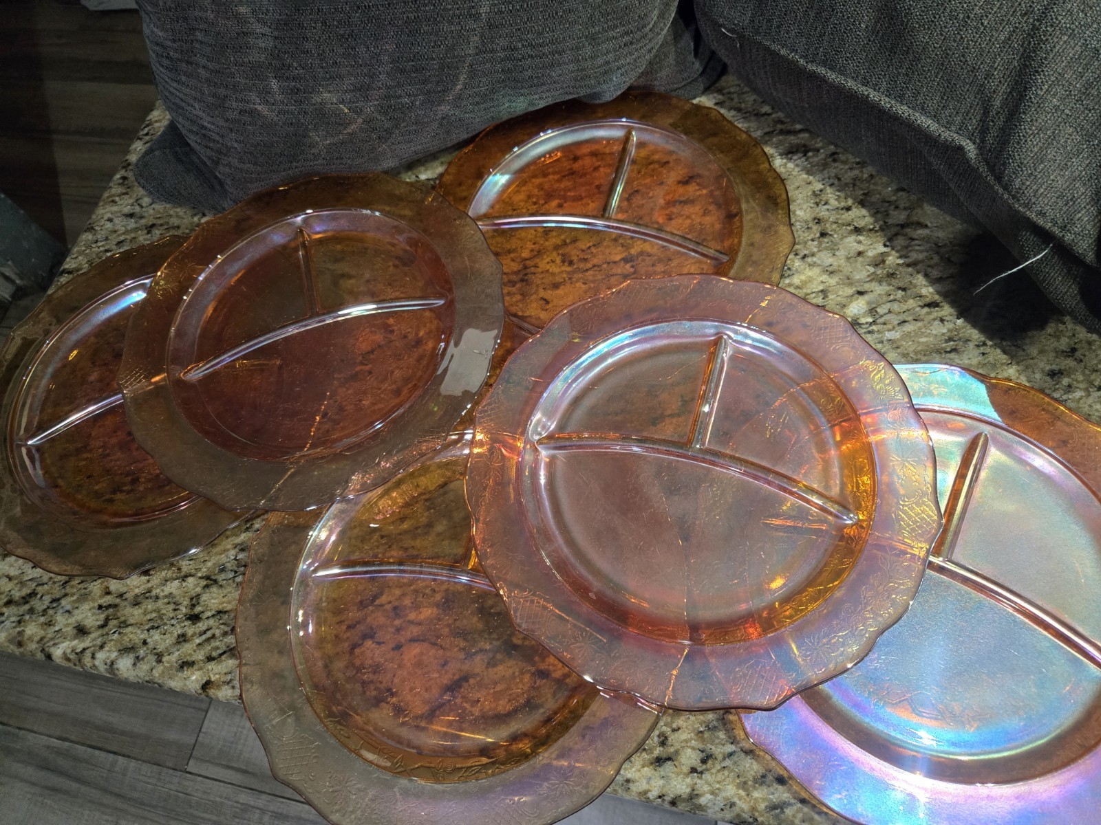 Federal Normandie Carnival Glass Iridescent Marigold Large Plates, Set of 6