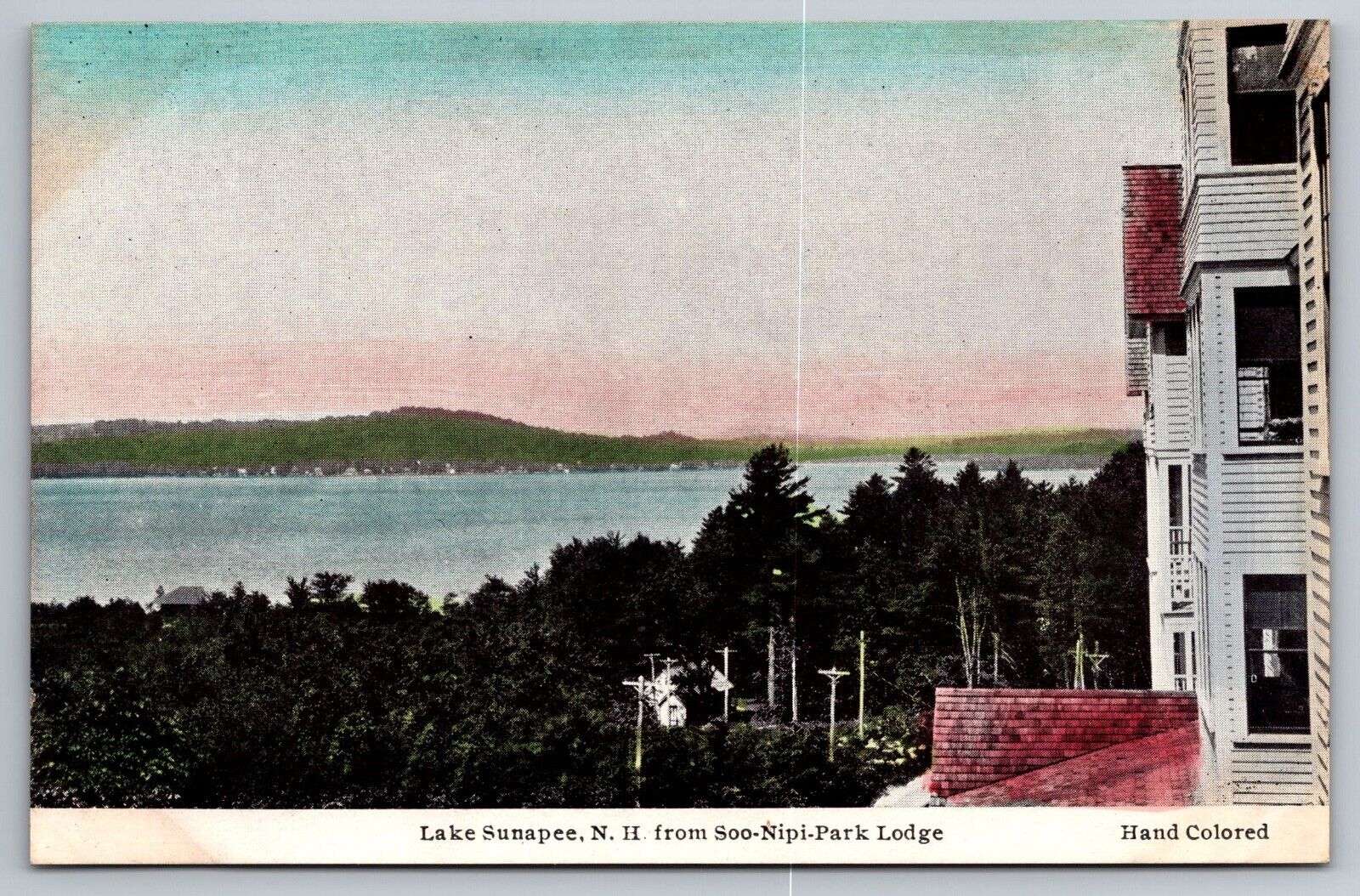 Lake Sunapee from Soo Nipi Park Lodge. New Hampshire Postcard. Hand Colored