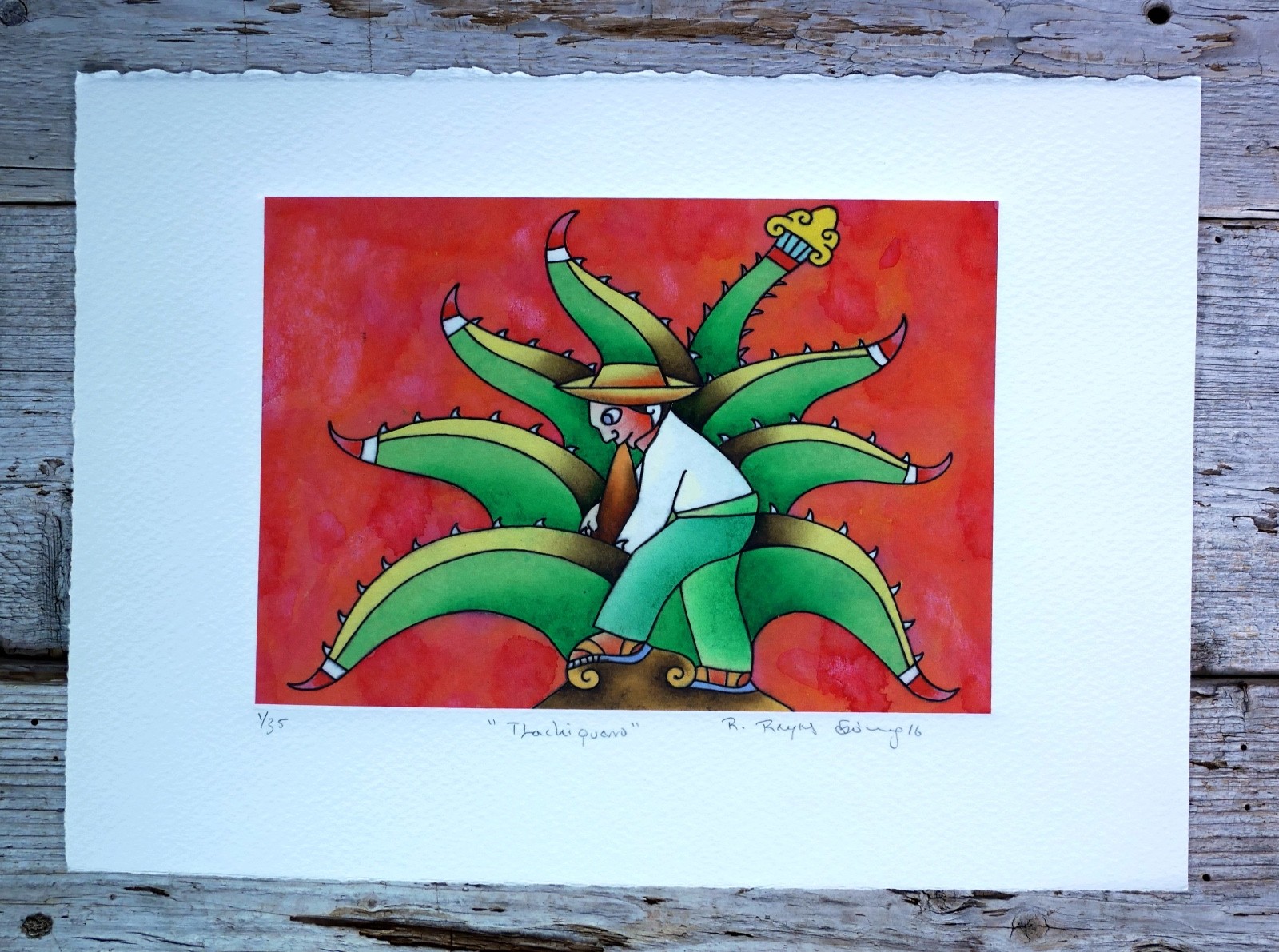 Hand Tinted Etching Reyes Gomez Tlachiquero Pulque Agave Oaxaca Mexican Folk Art