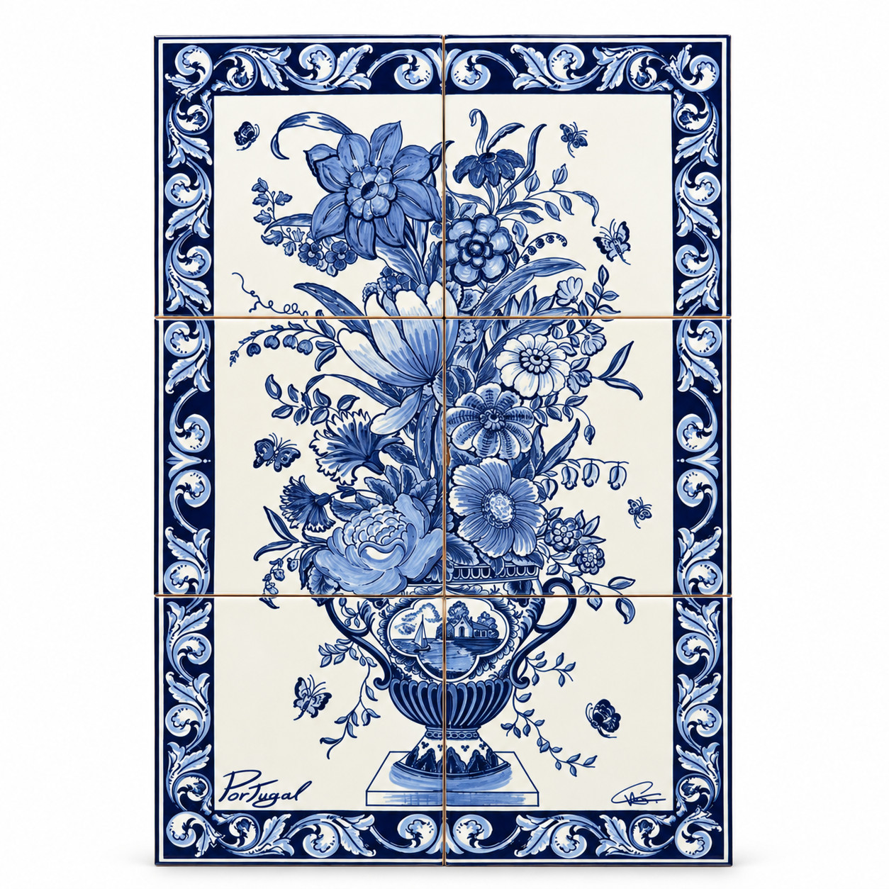 Portuguese Ceramic Tile Wall Panel, Blue Floral Design (11.75\