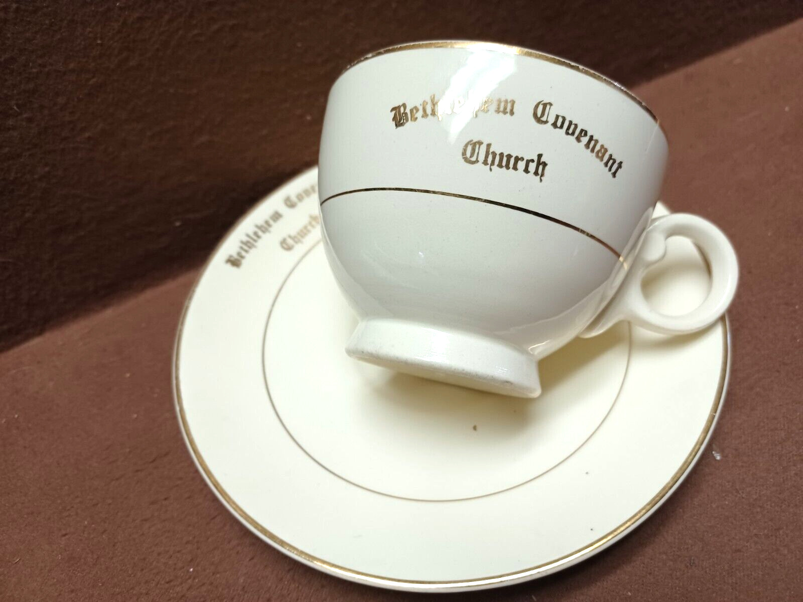 TAYLOR SMITH TAYLOR Cup and SAUCER SET CHURCH Advertising BETHLEHEM COVENANT 7 4