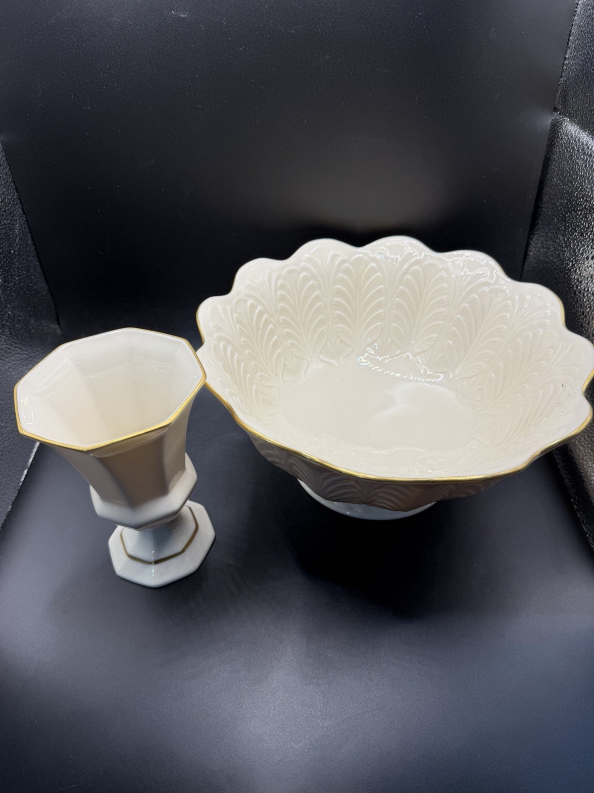 Lenox Fine Ivory China Gold Trim Bowl & Hexagonal Vase Set Lot of 2 USA