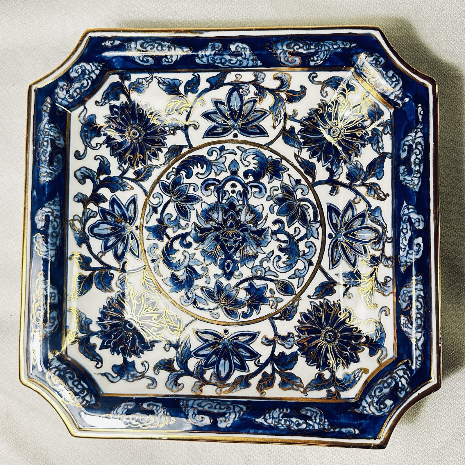TOYO Octagon Deep Plate Cobalt White & Gold Vintage Made by Heng Ming Jian Zhi