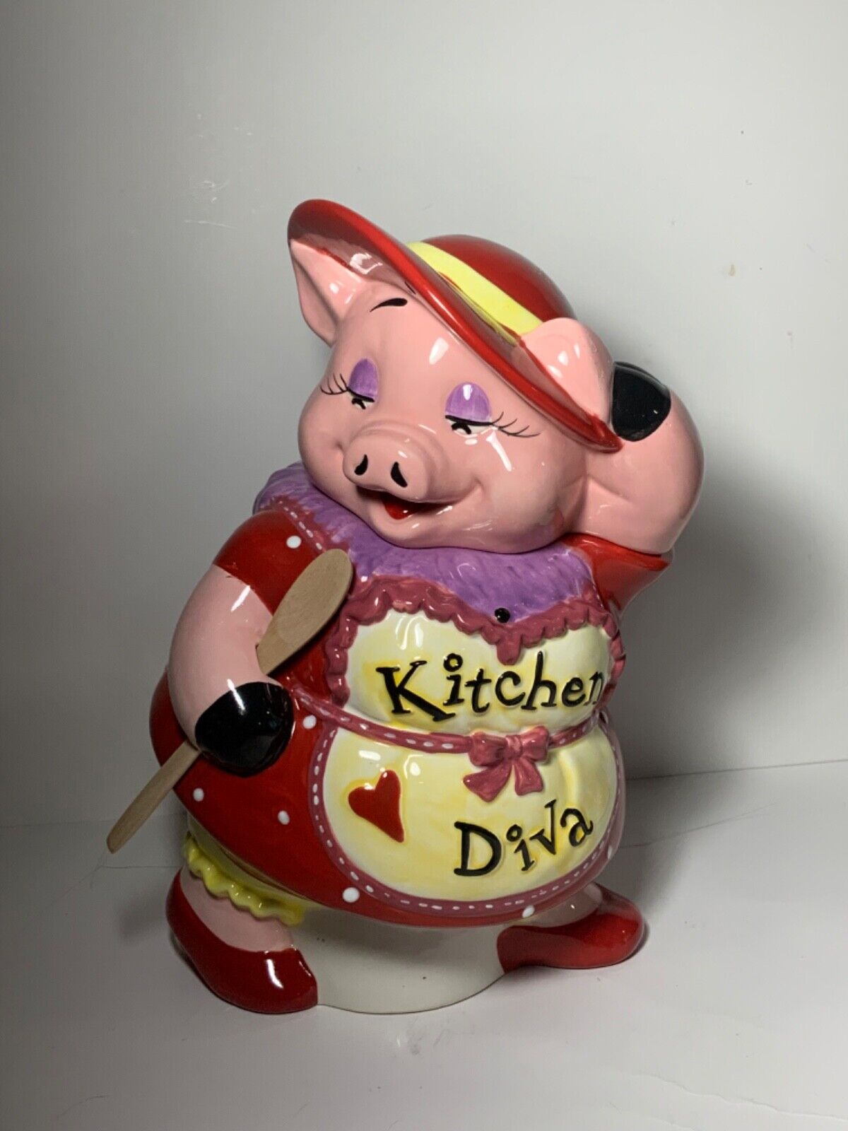 Vintage Red Hat Society Kitchen Diva Ceramic Pig Cookie Jar by Mercuries 12.5