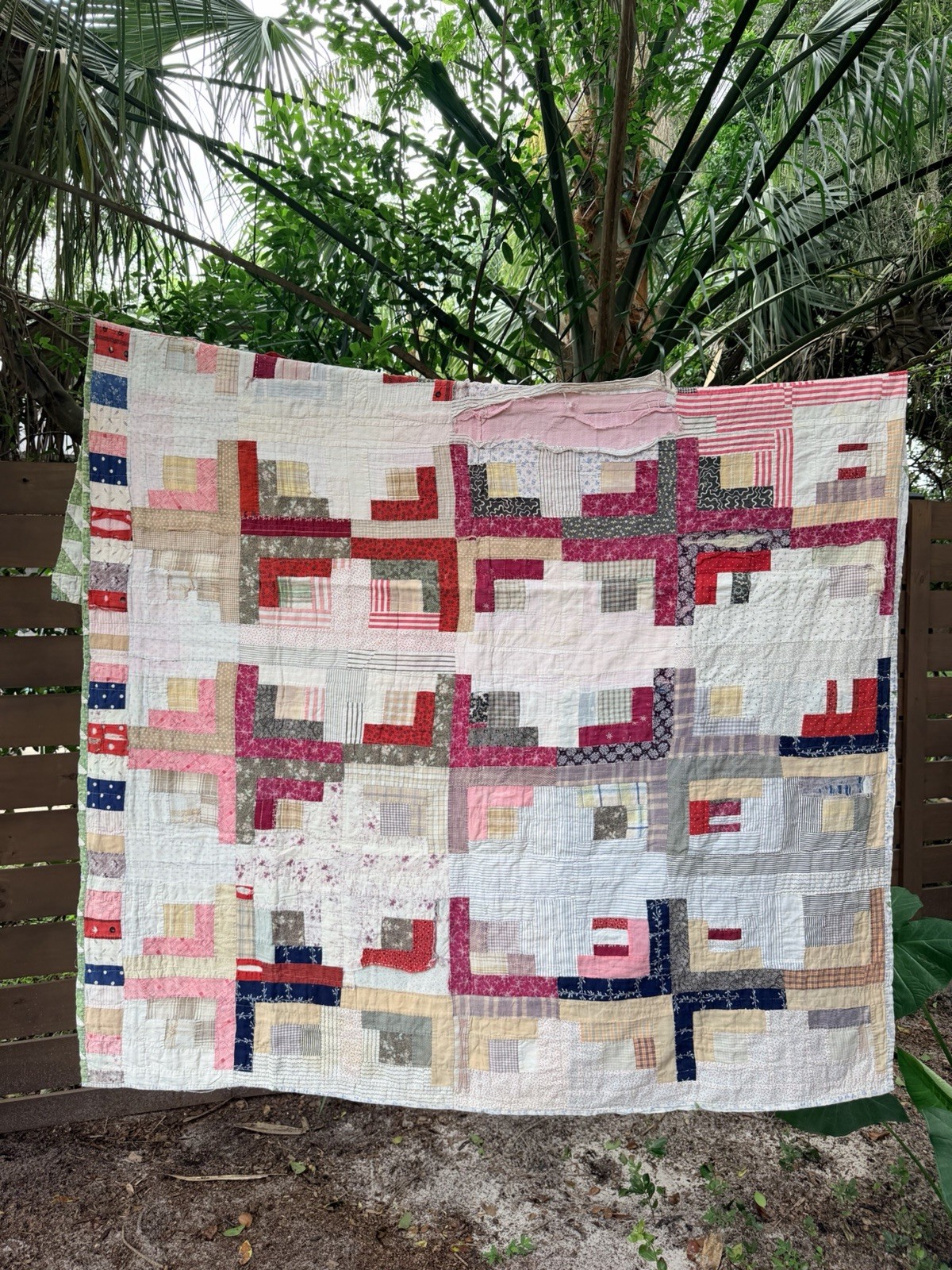 Vintage Antique Handmade Quilt Log Cabin Flying Geese 58x72 Americana Reversible