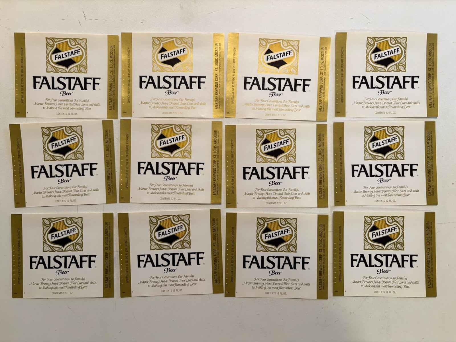 Vtg Falstaff Beer Bottle Label lot of 12 St Louis Brewery NOS