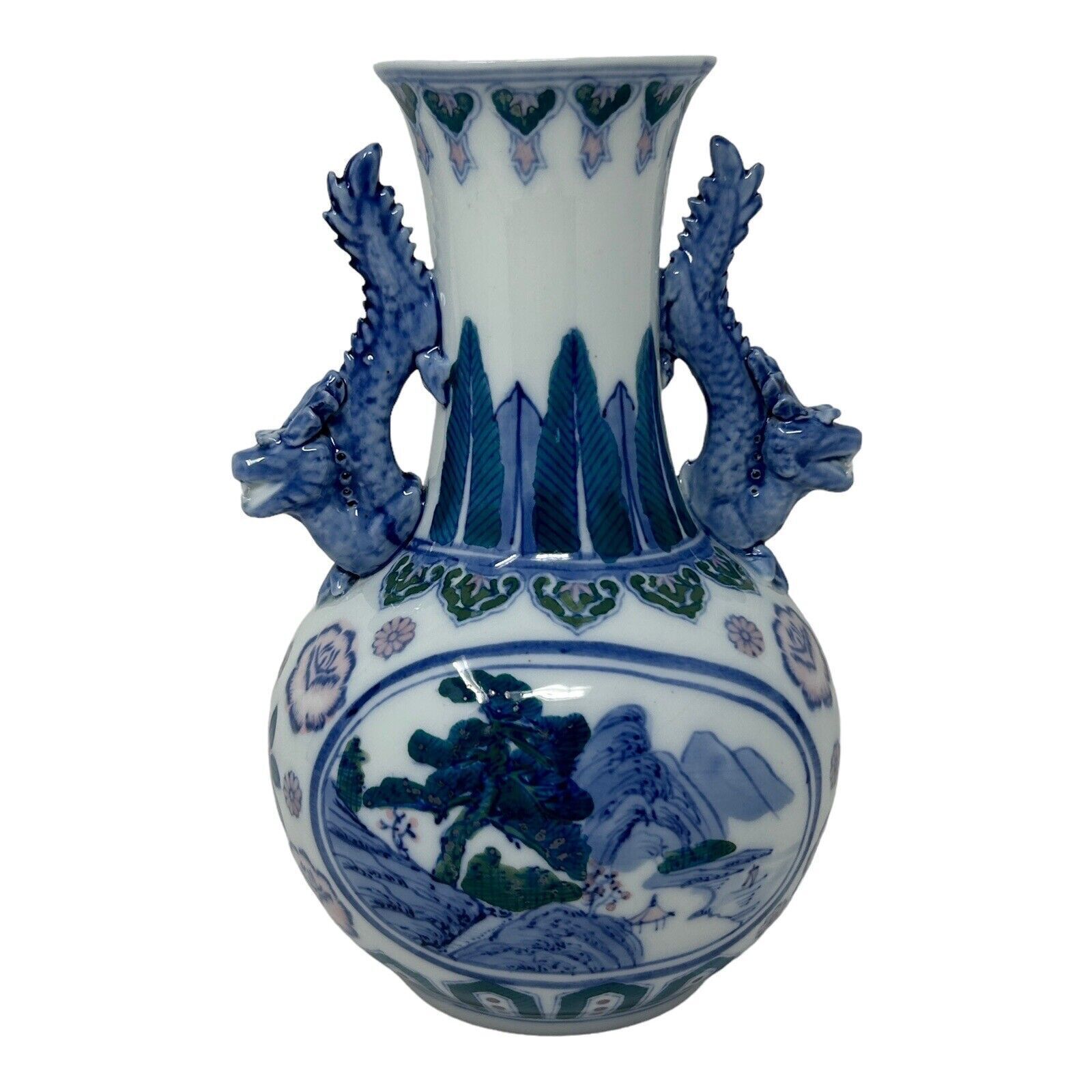 Chinese Hand Painted Dragon Handled Vase Quality Porcelain Vintage Blue White