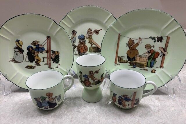Antique **RARE Germany CHILDREN\'S SCENES 3-Plates, 2-Cups,1- Egg cup