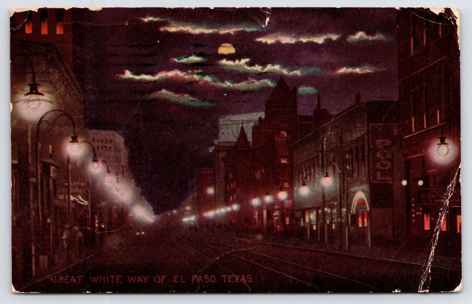 El Paso TX Wards, Pool Hall~Great White Way Under Moonlight in the Clouds~1911