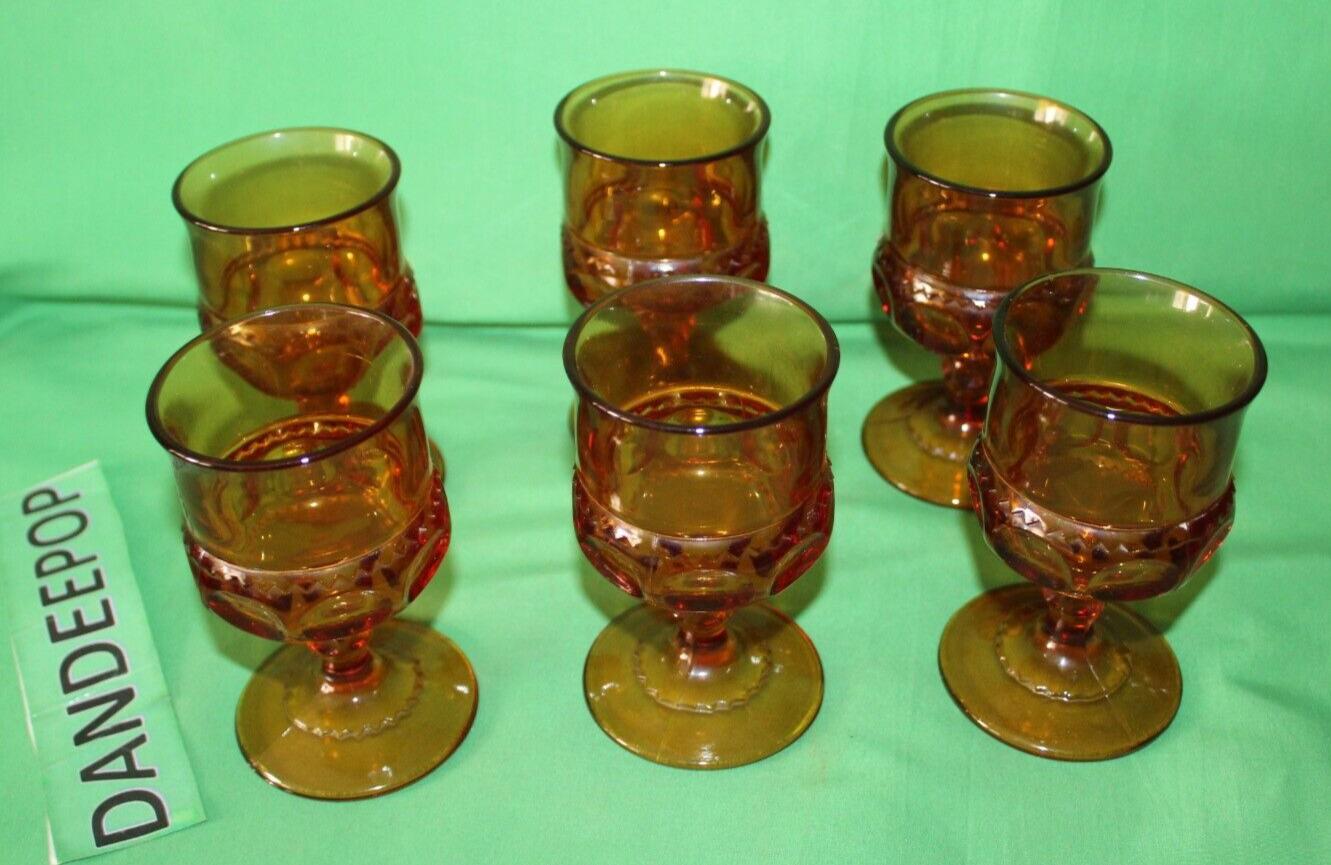 Vintage 6 Piece Amber Glass Thumbprint Kings Crown Pedestal Glassware Barware