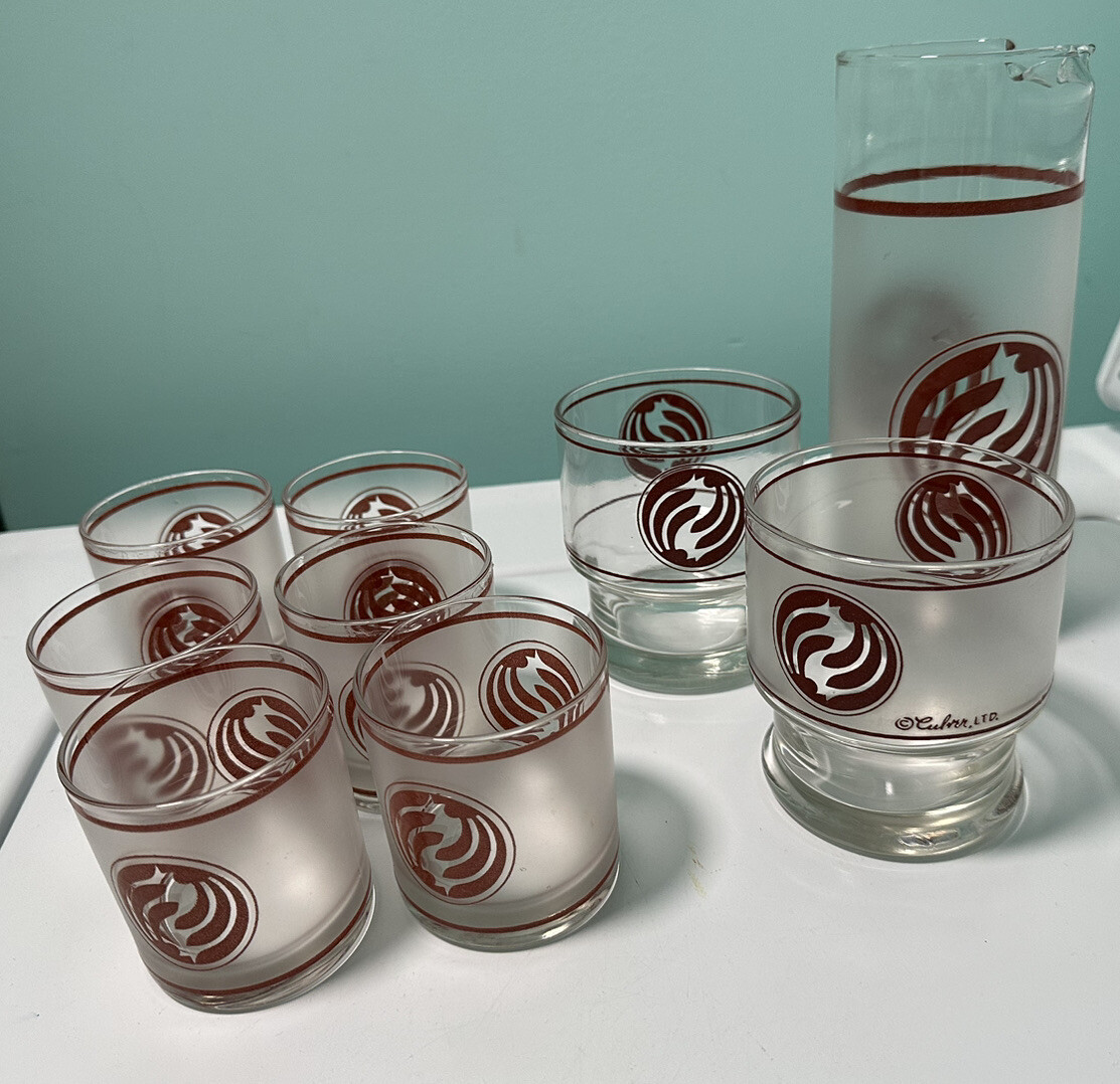 Vintage MCM Culver LTD Kamon Crest Glasses Frosted Red Enamel Barware 9 Pc Set