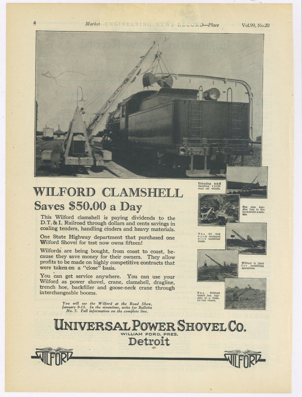 1927 Universal Power Shovel Ad: Wilford Clamshell on DT & I Railroad Loading Job
