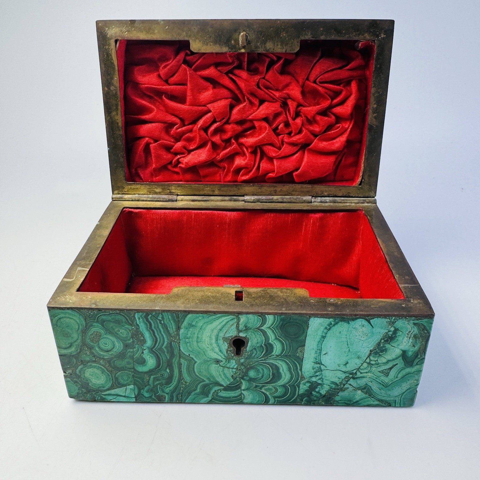 Antique Malachite Casket Box Russian Style Brass Frame Silk Lined 4.5” DAMAGED