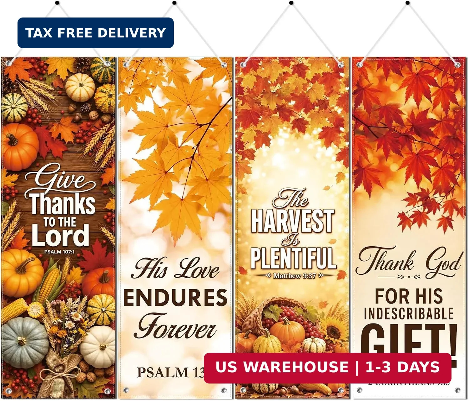 4PCS Fall Church Banners Scripture Harvest Bible Pumpkin Christian Wall Decor