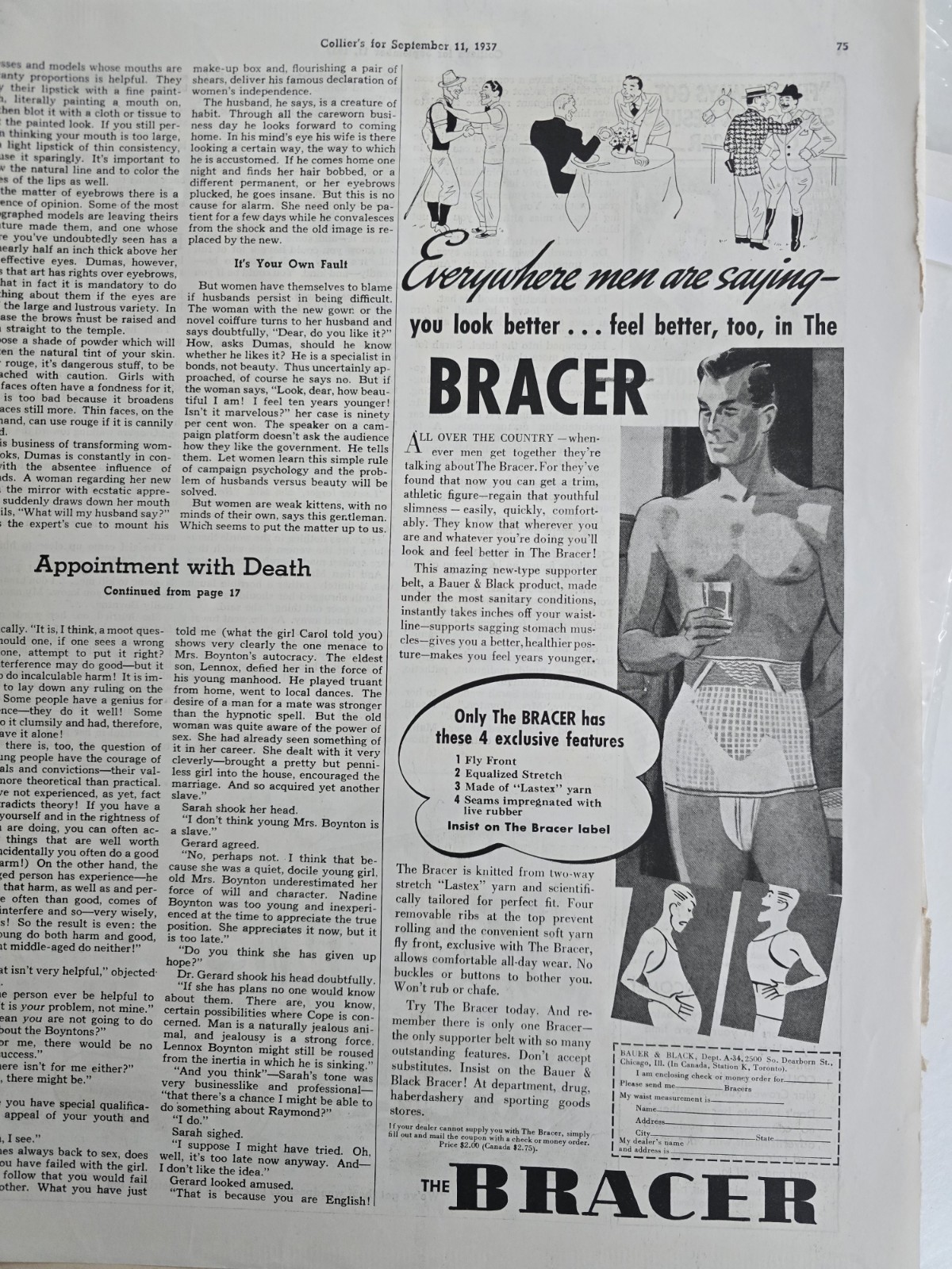 1937 Men\'s Bracer Supporter Belt jockstrap look feel better vintage Ad 