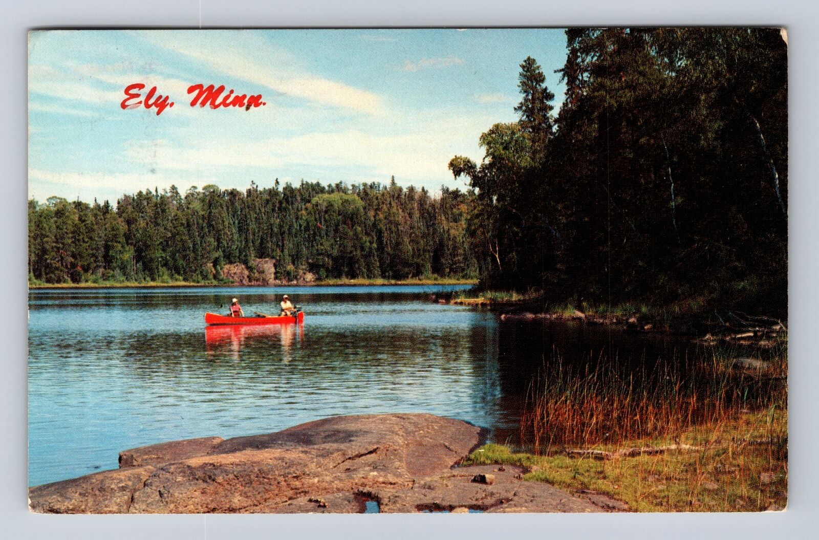 Ely MN-Minnesota, Fishing from Red Canoe, Antique Vintage Souvenir Postcard